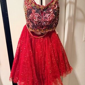 Elegant Red Embroidered two piece Dress